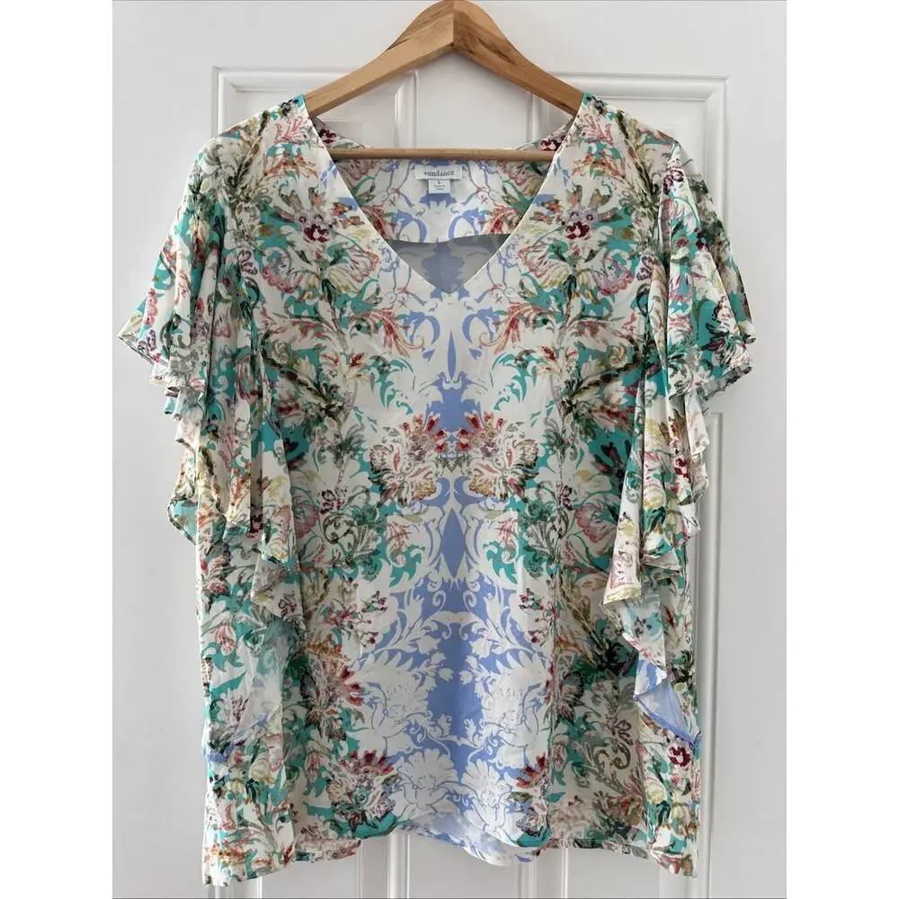 Sundance Small S Arabella Flutter Sleeve Floral Print Rayon V Neck Blouse Top‎